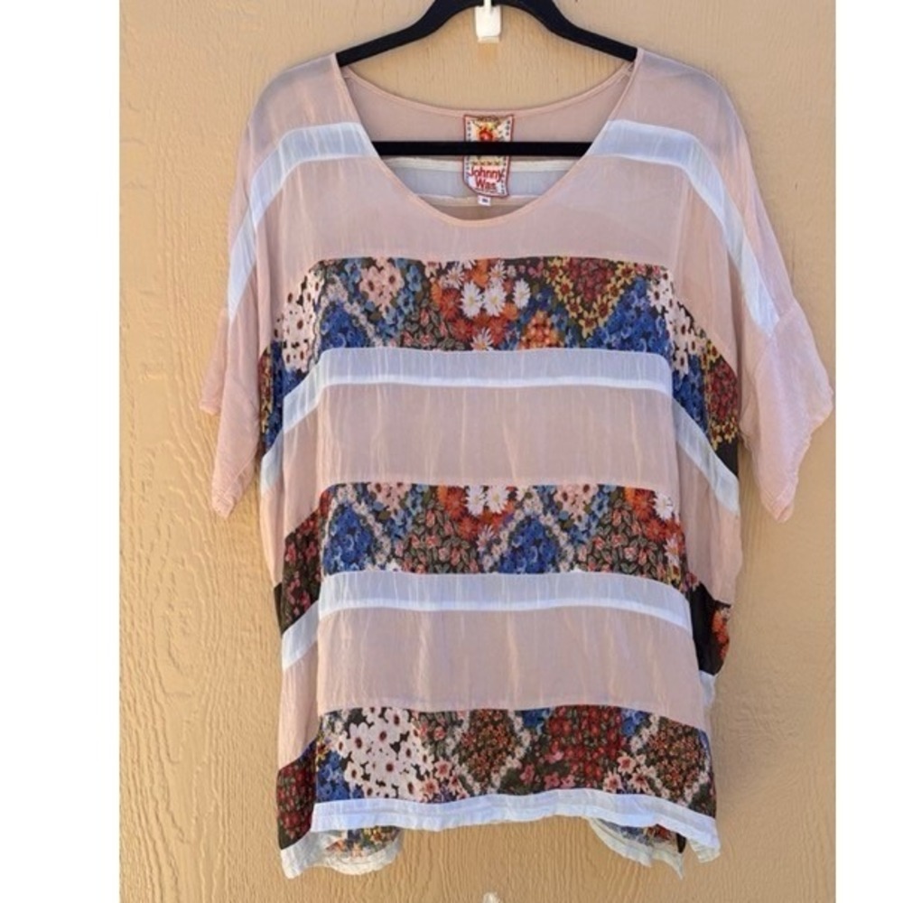 Johnny Was Womens Pink Floral Striped Blouse MED Boho Lightweight Flow Festival